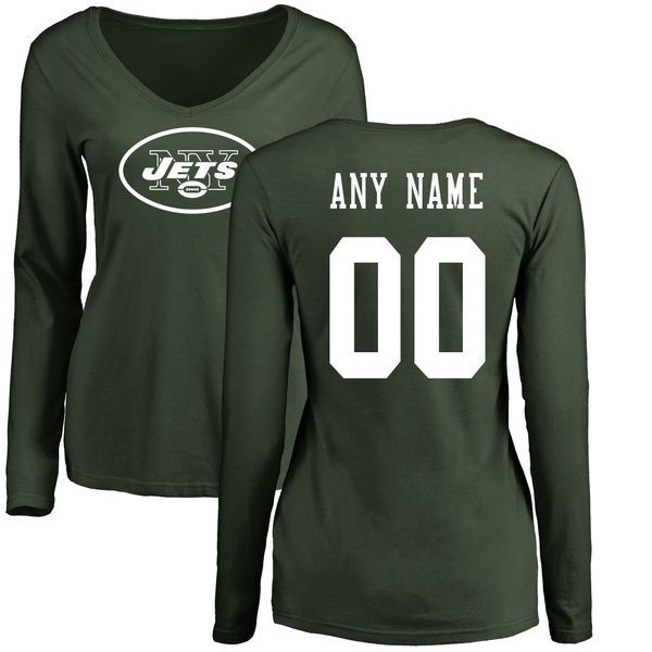 Women New York Jets NFL Pro Line Green Custom Name and Number Logo Slim Fit Long Sleeve T-Shirt->nfl t-shirts->Sports Accessory